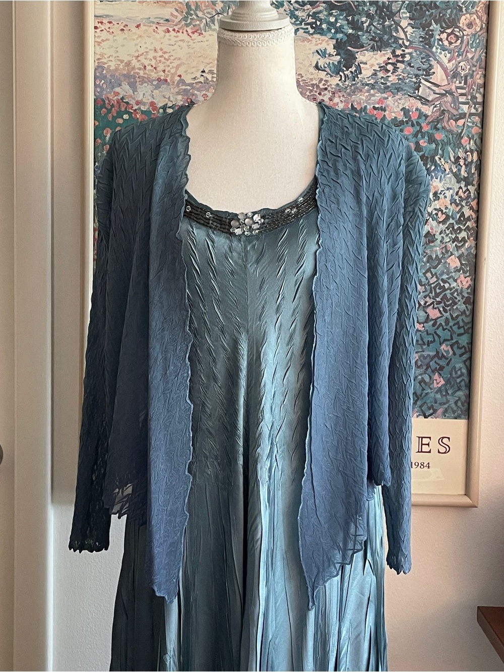 Komarov Teal Blue Pleated Maxi Dress Cardigan Set Mermaid Fairy Wedding Guest - Picture 8 of 16